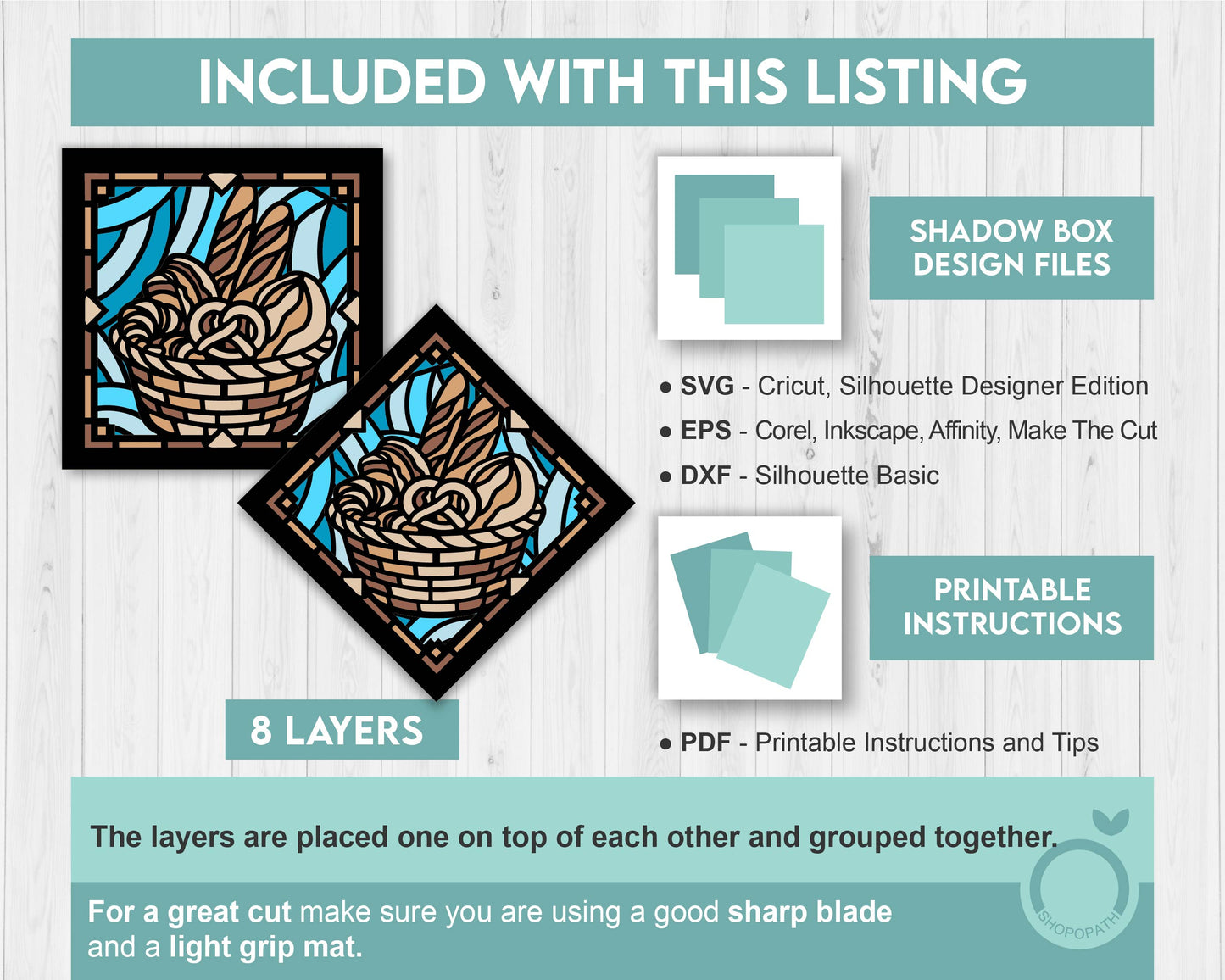 Bakery Basket Mini Stained Glass Shadow Box 3D SVG, Layered Bakery Stained Glass Cutting DXF EPS Files for Cricut Silhouette Brother