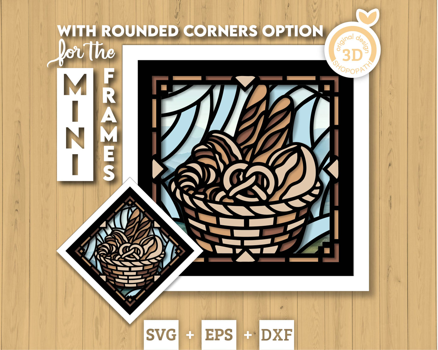 Bakery Basket Mini Stained Glass Shadow Box 3D SVG, Layered Bakery Stained Glass Cutting DXF EPS Files for Cricut Silhouette Brother