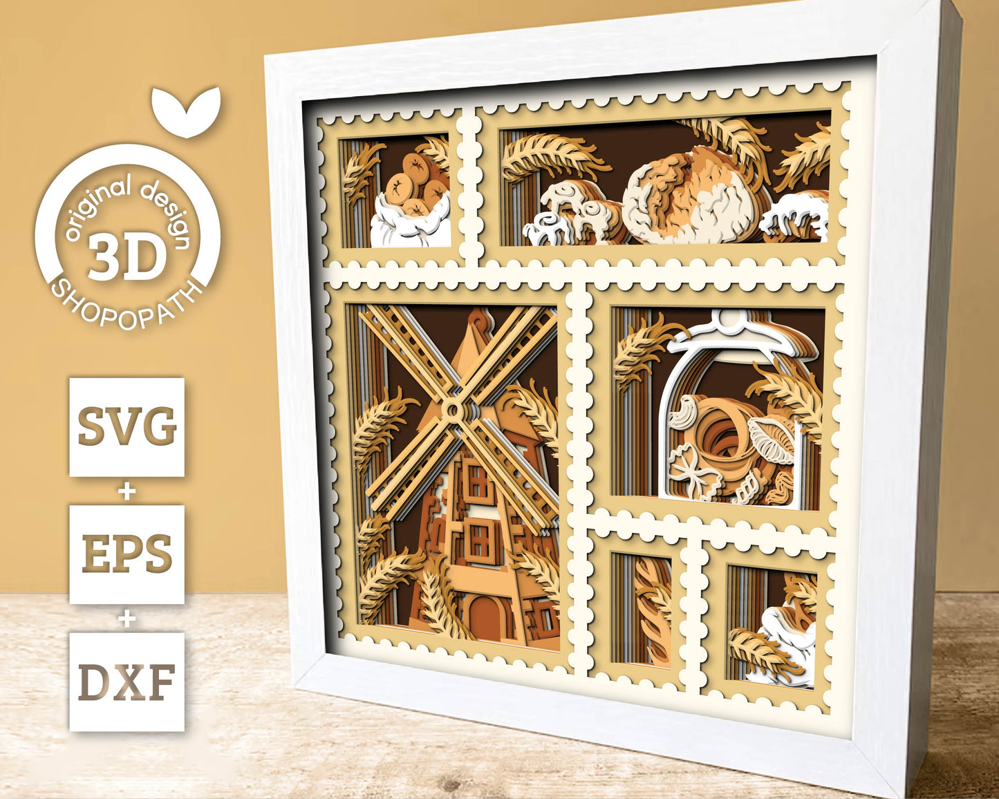 Bakery Shadow Box 3D SVG With Windmill, Bread, Pasta Jar and Flour Bag, Bakery Cutting DXF EPS Files for Cricut Silhouette Brother