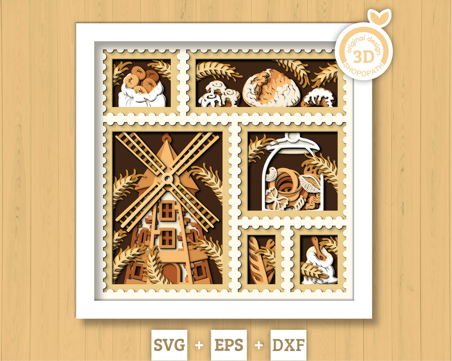 Bakery Shadow Box 3D SVG With Windmill, Bread, Pasta Jar and Flour Bag, Bakery Cutting DXF EPS Files for Cricut Silhouette Brother