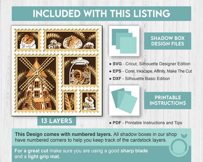 Bakery Shadow Box 3D SVG With Windmill, Bread, Pasta Jar and Flour Bag, Bakery Cutting DXF EPS Files for Cricut Silhouette Brother