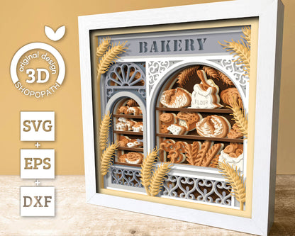 Bakery Store Shadow Box 3D SVG With Layered Bread, Pastries and Baked Goods Papercut Cutting DXF EPS Files for Cricut Silhouette Brother