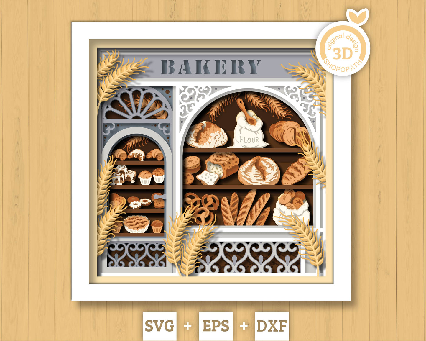 Bakery Store Shadow Box 3D SVG With Layered Bread, Pastries and Baked Goods Papercut Cutting DXF EPS Files for Cricut Silhouette Brother