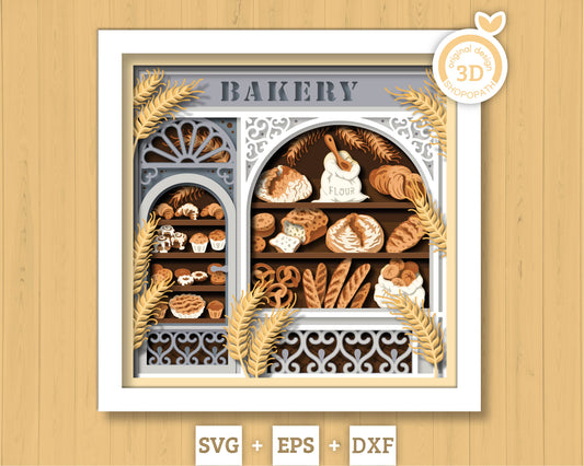 Bakery Store Shadow Box 3D SVG With Layered Bread, Pastries and Baked Goods Papercut Cutting DXF EPS Files for Cricut Silhouette Brother