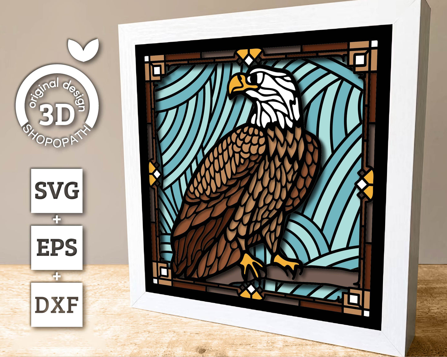 Stained Glass Bald Eagle Shadow Box 3D SVG, Eeagle 3D SVG, Stained Glass Papercut 3d Svg Home Decor SVG, Shadow Box svg Cricut Silhouette