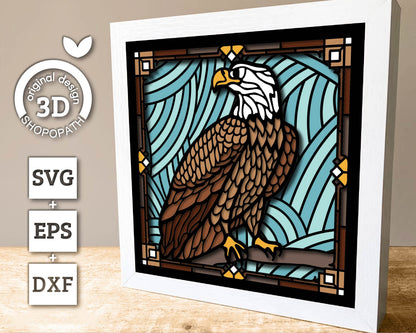 Stained Glass Bald Eagle Shadow Box 3D SVG, Eeagle 3D SVG, Stained Glass Papercut 3d Svg Home Decor SVG, Shadow Box svg Cricut Silhouette