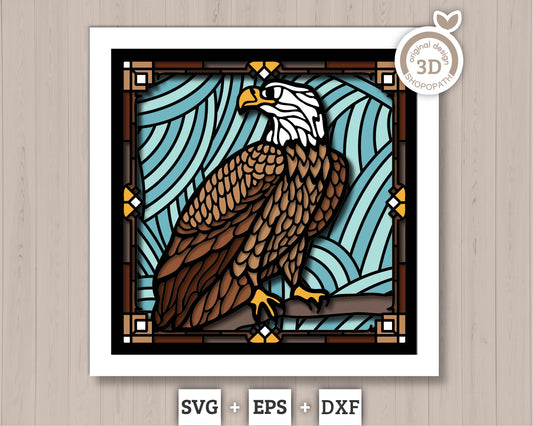 Stained Glass Bald Eagle Shadow Box 3D SVG, Eeagle 3D SVG, Stained Glass Papercut 3d Svg Home Decor SVG, Shadow Box svg Cricut Silhouette