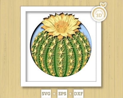 Barrel Cactus with Flower - 3D Shadow Box Layered SVG DXF EPS (Cutting Files)