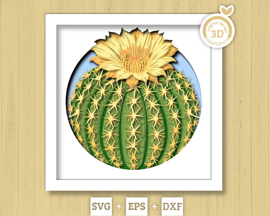Barrel Cactus with Flower - 3D Shadow Box Layered SVG DXF EPS (Cutting Files)