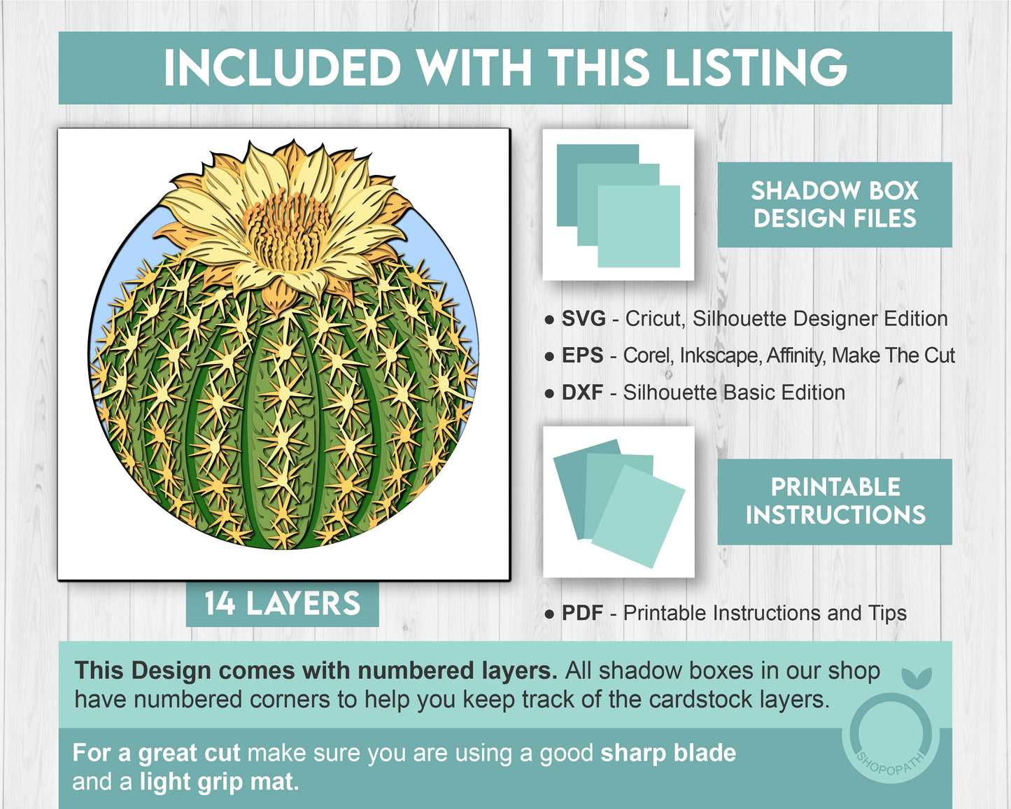 Barrel Cactus with Flower - 3D Shadow Box Layered SVG DXF EPS (Cutting Files)