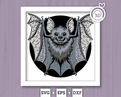 3D SVG Bat Shadow Box, 3D SVG Halloween, Halloween Shadow Box, 3D Svg Papercut Bat, 3d svg Fruit Bat, Layered Bat 3d svg, Cricut Silhouette