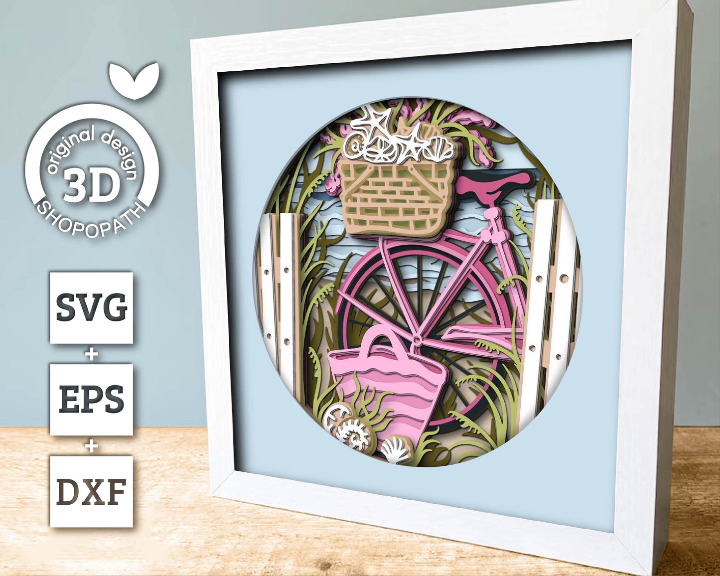 3D Layered Summer SVG PDF EPS, Sea Wave Shadow Box, Bike on The Beach 3D Svg, Bicycle 3d Svg, Seashells Layered svg, Cricut Silhouette