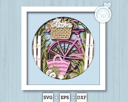 3D Layered Summer SVG PDF EPS, Sea Wave Shadow Box, Bike on The Beach 3D Svg, Bicycle 3d Svg, Seashells Layered svg, Cricut Silhouette
