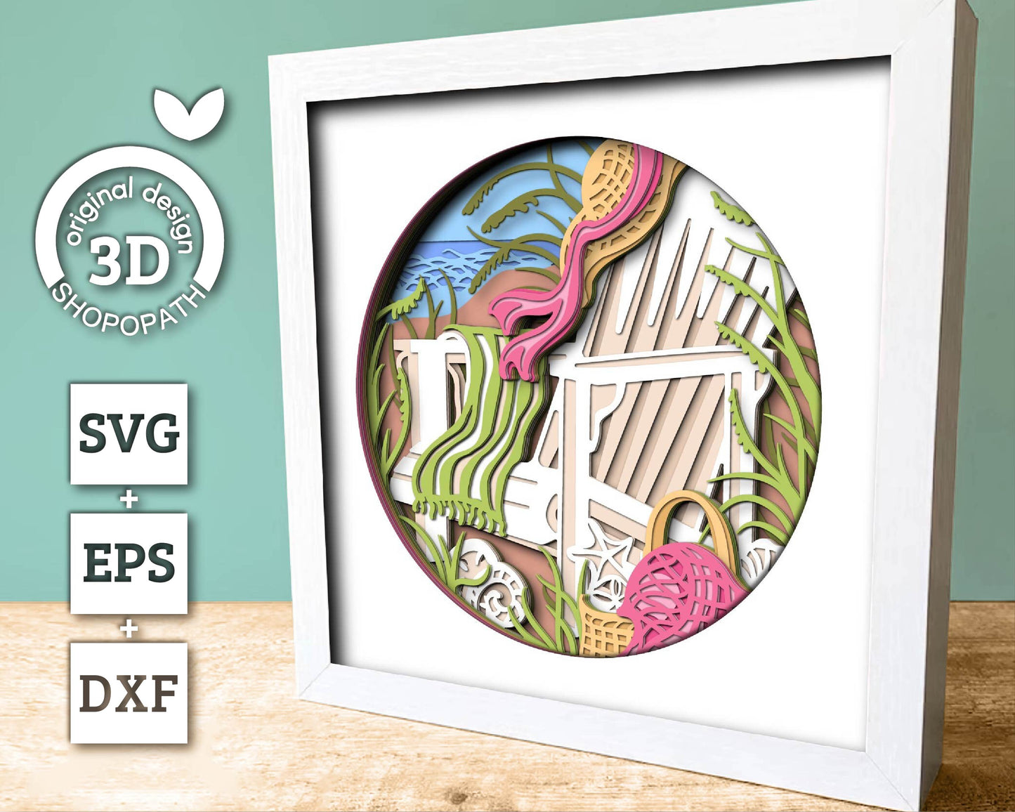 3D Layered Beach Chair SVG PDF EPS, Sea Wave Shadow Box, Lounge Chairs on The Beach 3D Svg, Summer 3d Svg, Seashells svg, Cricut Silhouette