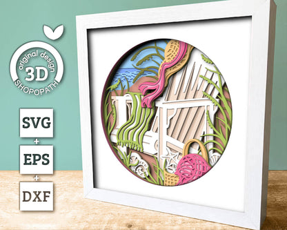 3D Layered Beach Chair SVG PDF EPS, Sea Wave Shadow Box, Lounge Chairs on The Beach 3D Svg, Summer 3d Svg, Seashells svg, Cricut Silhouette
