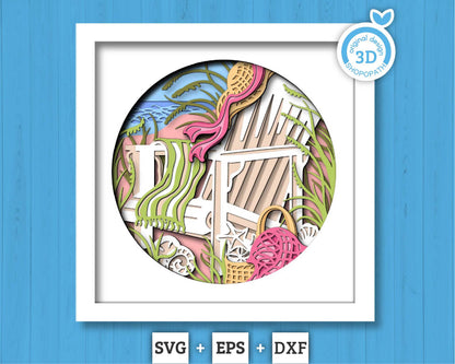 3D Layered Beach Chair SVG PDF EPS, Sea Wave Shadow Box, Lounge Chairs on The Beach 3D Svg, Summer 3d Svg, Seashells svg, Cricut Silhouette