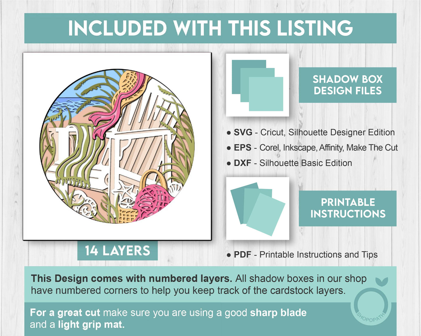 3D Layered Beach Chair SVG PDF EPS, Sea Wave Shadow Box, Lounge Chairs on The Beach 3D Svg, Summer 3d Svg, Seashells svg, Cricut Silhouette