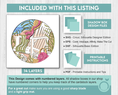 3D Layered Beach Chair SVG PDF EPS, Sea Wave Shadow Box, Lounge Chairs on The Beach 3D Svg, Summer 3d Svg, Seashells svg, Cricut Silhouette