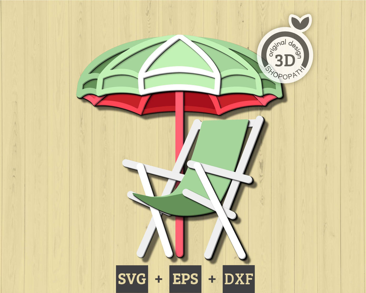 Beach Chair with Umbrella - 3D Element Layered SVG DXF EPS for Laser Cut, Glowforge, Cricut (Cutting Files)