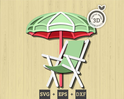 Beach Chair with Umbrella - 3D Element Layered SVG DXF EPS for Laser Cut, Glowforge, Cricut (Cutting Files)