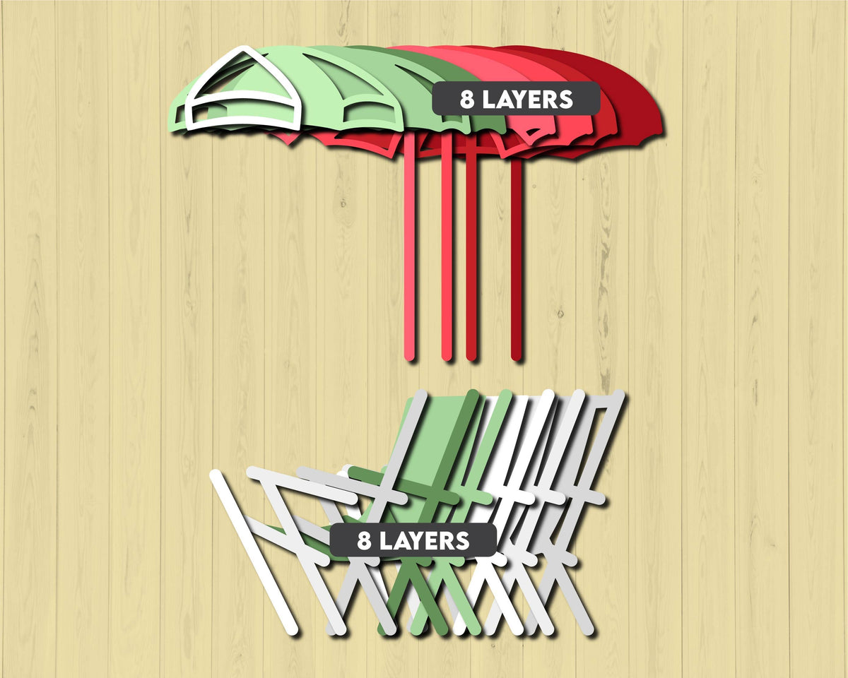 Beach Chair with Umbrella - 3D Element Layered SVG DXF EPS for Laser Cut, Glowforge, Cricut (Cutting Files)