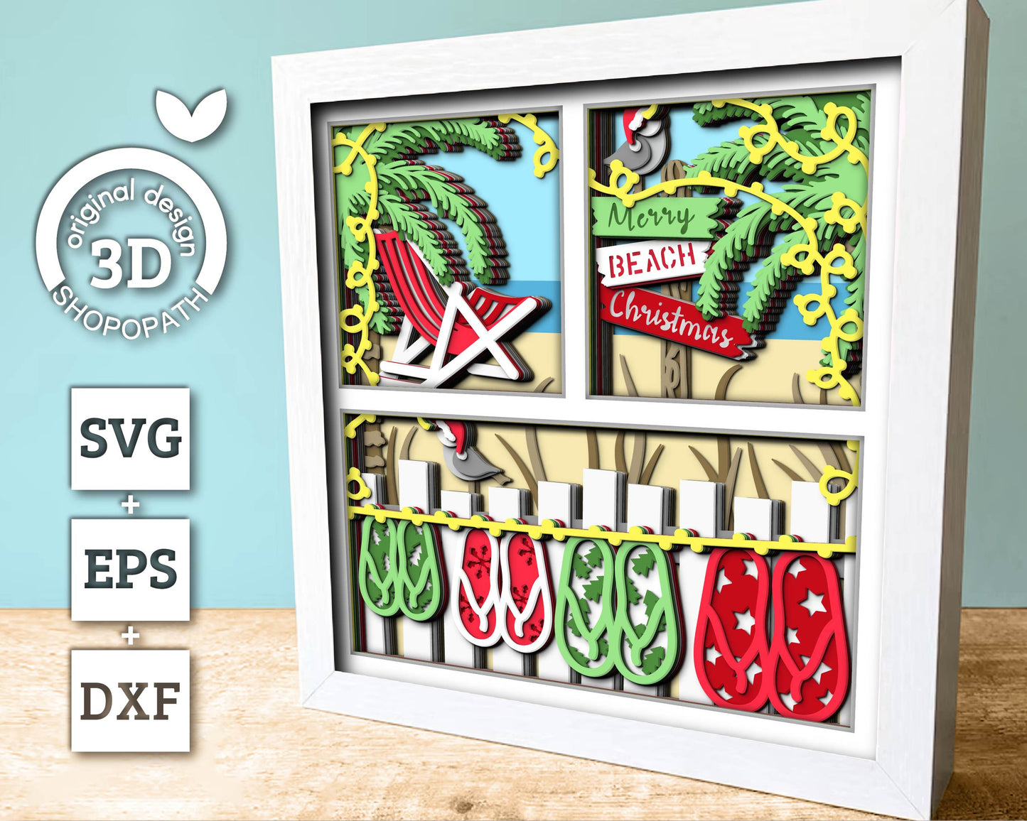 3D SVG Tropical Christmas Shadow Box, Layered Beach Christmas Svg, Santa Claus Shadow Box, 3D Svg, Seaguls 3d Svg, Cricut Silhouette