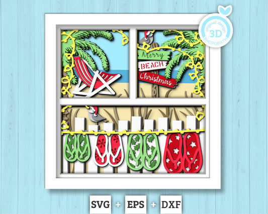 3D SVG Tropical Christmas Shadow Box, Layered Beach Christmas Svg, Santa Claus Shadow Box, 3D Svg, Seaguls 3d Svg, Cricut Silhouette