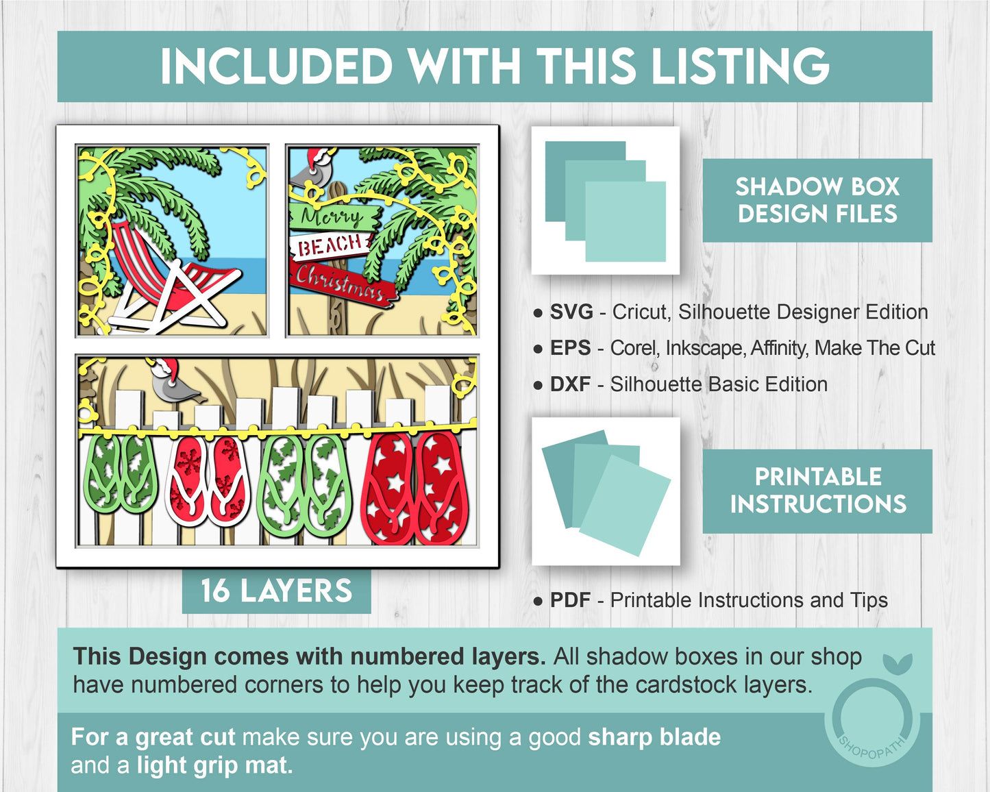 3D SVG Tropical Christmas Shadow Box, Layered Beach Christmas Svg, Santa Claus Shadow Box, 3D Svg, Seaguls 3d Svg, Cricut Silhouette