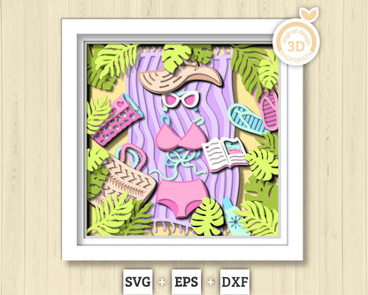 3D SVG Beach Day Shadow Box, Beach 3D Svg, Swimsuit 3d SVG, Summer 3d Svg, Sea 3D svg, Book 3d svg, Beach Day 3d SVG, Cricut Silhouette