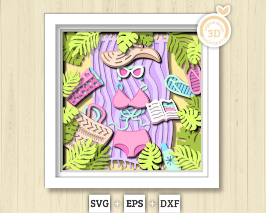 3D SVG Beach Day Shadow Box, Beach 3D Svg, Swimsuit 3d SVG, Summer 3d Svg, Sea 3D svg, Book 3d svg, Beach Day 3d SVG, Cricut Silhouette