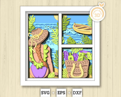 3D SVG Woman Sitting On Beach Shadow Box, Beach 3D Svg, Summer 3d Svg, Sea 3D svg, Woman 3d svg, Beach Day 3d SVG, Cricut Silhouette