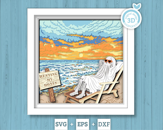 Ghost on Beach - 3D Shadow Box Layered SVG DXF EPS (Cutting Files)