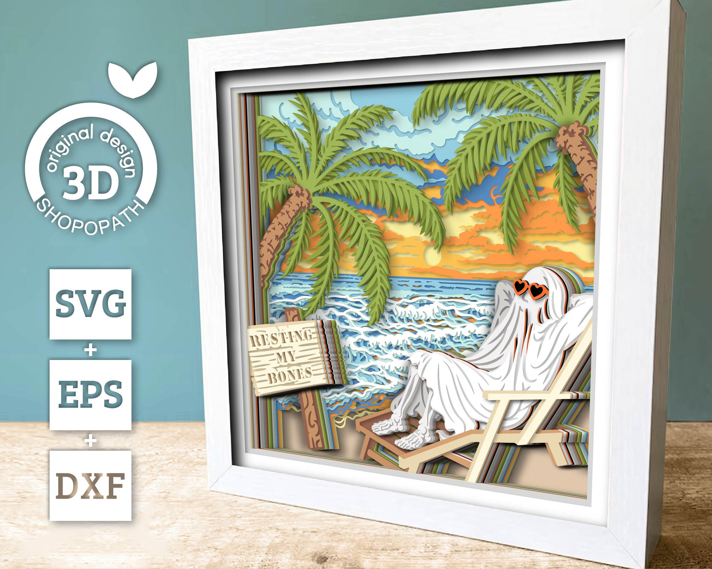 Ghost on Beach with Palm Trees - 3D Shadow Box Layered SVG DXF EPS (Cutting Files)