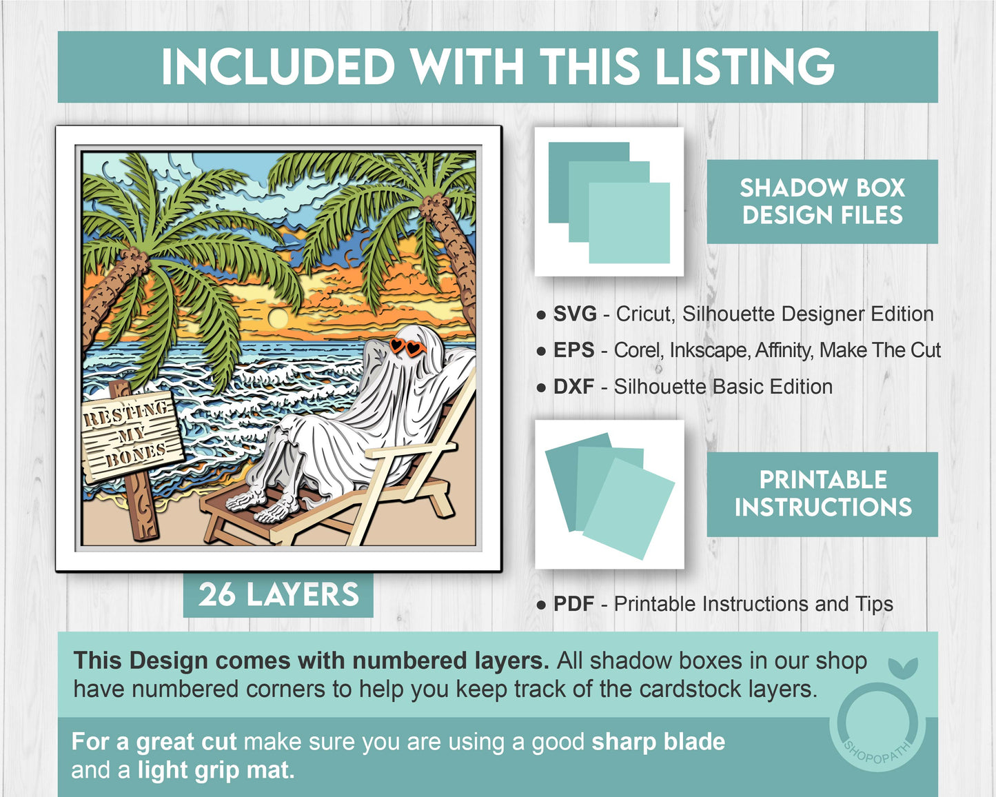 Ghost on Beach with Palm Trees - 3D Shadow Box Layered SVG DXF EPS (Cutting Files)
