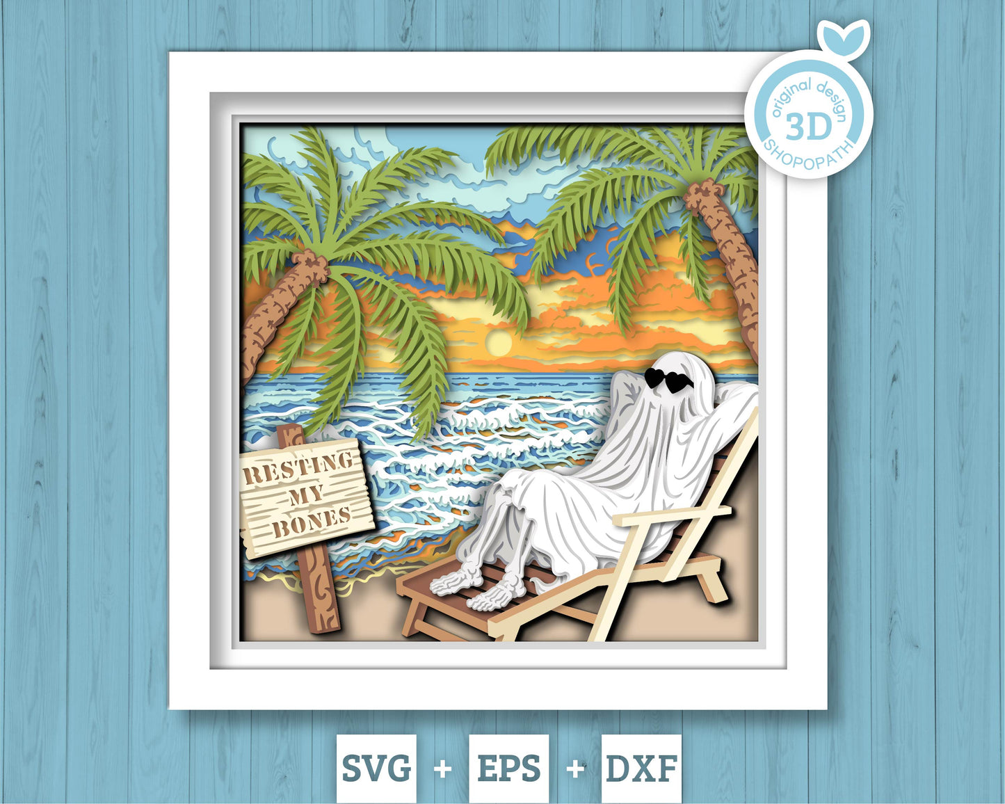 Ghost on Beach with Palm Trees - 3D Shadow Box Layered SVG DXF EPS (Cutting Files)
