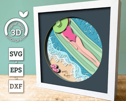 3D Layered Summer SVG PDF EPS, Sea Wave Shadow Box, Beach 3D Svg, Sun 3d SVg, Woman Sunbathing Layered Papercut svg, Cricut Silhouette