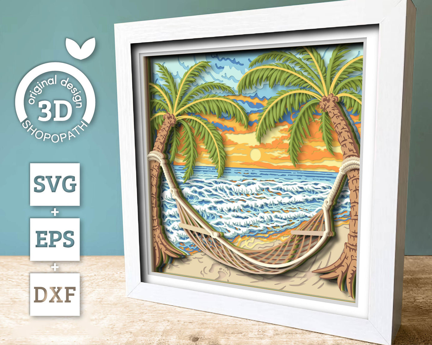 Beach Hammock Under Palm Trees - 3D Shadow Box Layered SVG DXF EPS (Cutting Files)
