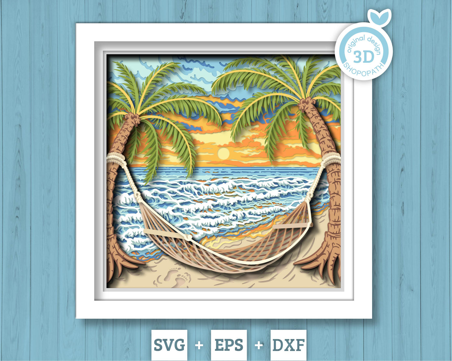 Beach Hammock Under Palm Trees - 3D Shadow Box Layered SVG DXF EPS (Cutting Files)