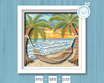 Beach Hammock Under Palm Trees - 3D Shadow Box Layered SVG DXF EPS (Cutting Files)