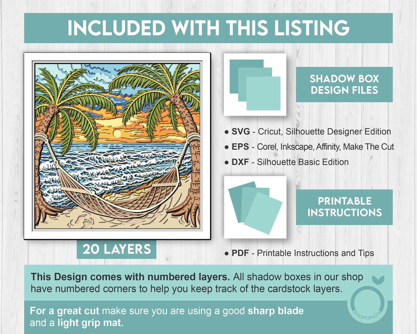 Beach Hammock Under Palm Trees - 3D Shadow Box Layered SVG DXF EPS (Cutting Files)