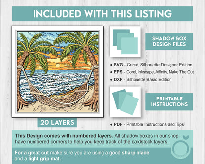 Beach Hammock Under Palm Trees - 3D Shadow Box Layered SVG DXF EPS (Cutting Files)
