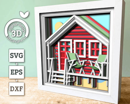 3D Layered Beach House Shadow Box SVG, Sea 3D svg , Beach 3D Svg, Summer 3d Svg, Palm Tree 3d svg, Beach Chair 3d SVG, Cricut Silhouette