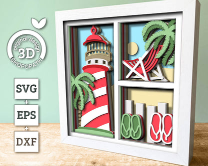 3D Layered Beach Lighthouse Shadow Box SVG, Sea 3D svg , Beach 3D Svg, Beach Chair 3d, Summer 3d Svg, Palm Tree 3d svg, Cricut Silhouette