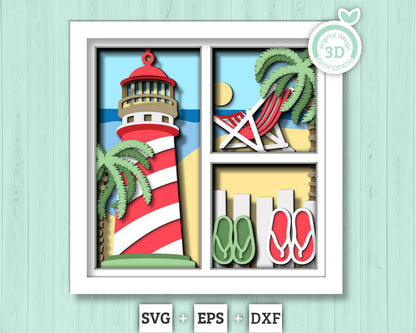 3D Layered Beach Lighthouse Shadow Box SVG, Sea 3D svg , Beach 3D Svg, Beach Chair 3d, Summer 3d Svg, Palm Tree 3d svg, Cricut Silhouette