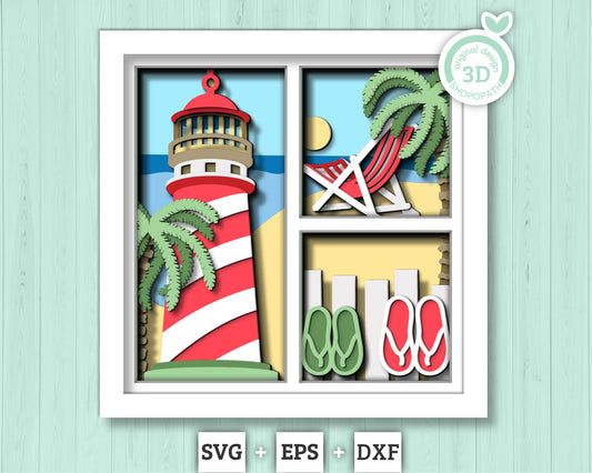 3D Layered Beach Lighthouse Shadow Box SVG, Sea 3D svg , Beach 3D Svg, Beach Chair 3d, Summer 3d Svg, Palm Tree 3d svg, Cricut Silhouette