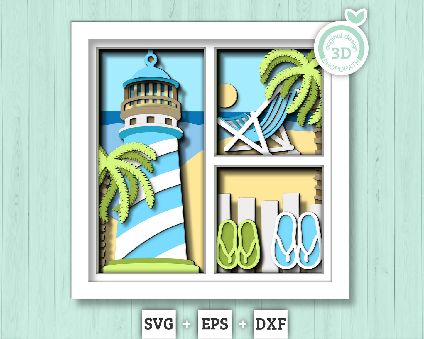 3D Layered Beach Lighthouse Shadow Box SVG, Sea 3D svg , Beach 3D Svg, Beach Chair 3d, Summer 3d Svg, Palm Tree 3d svg, Cricut Silhouette