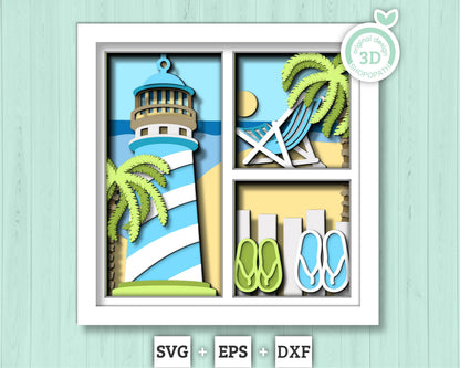 3D Layered Beach Lighthouse Shadow Box SVG, Sea 3D svg , Beach 3D Svg, Beach Chair 3d, Summer 3d Svg, Palm Tree 3d svg, Cricut Silhouette
