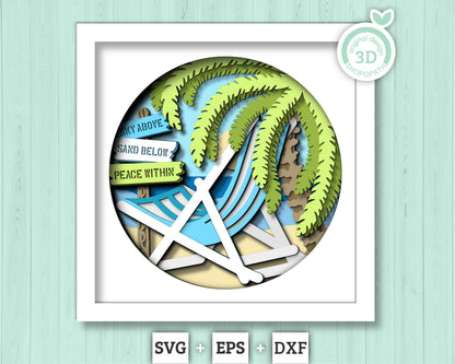 3D Layered Beach Chair Under Palm Tree Shadow Box SVG, Sea 3D svg, Beach 3D Svg, Summer 3d Svg, Layered Palm Tree 3d svg, Cricut Silhouette