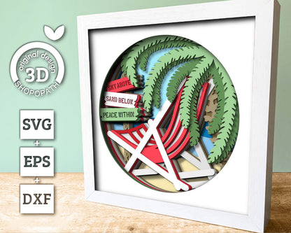 3D Layered Beach Chair Under Palm Tree Shadow Box SVG, Sea 3D svg, Beach 3D Svg, Summer 3d Svg, Layered Palm Tree 3d svg, Cricut Silhouette