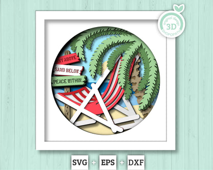 3D Layered Beach Chair Under Palm Tree Shadow Box SVG, Sea 3D svg, Beach 3D Svg, Summer 3d Svg, Layered Palm Tree 3d svg, Cricut Silhouette